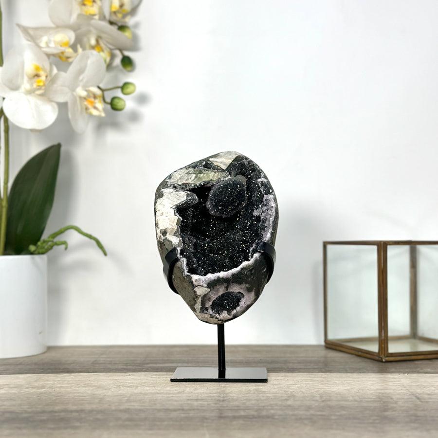 Black Quartz Druzy Geode on Metal Stand - MWS2725
