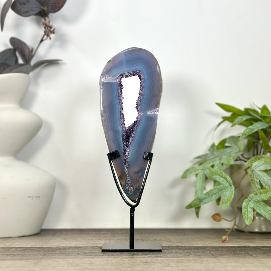 Natural Blue Banded Agate &amp; Amethyst Geode Portal with Stand - MWS3242
