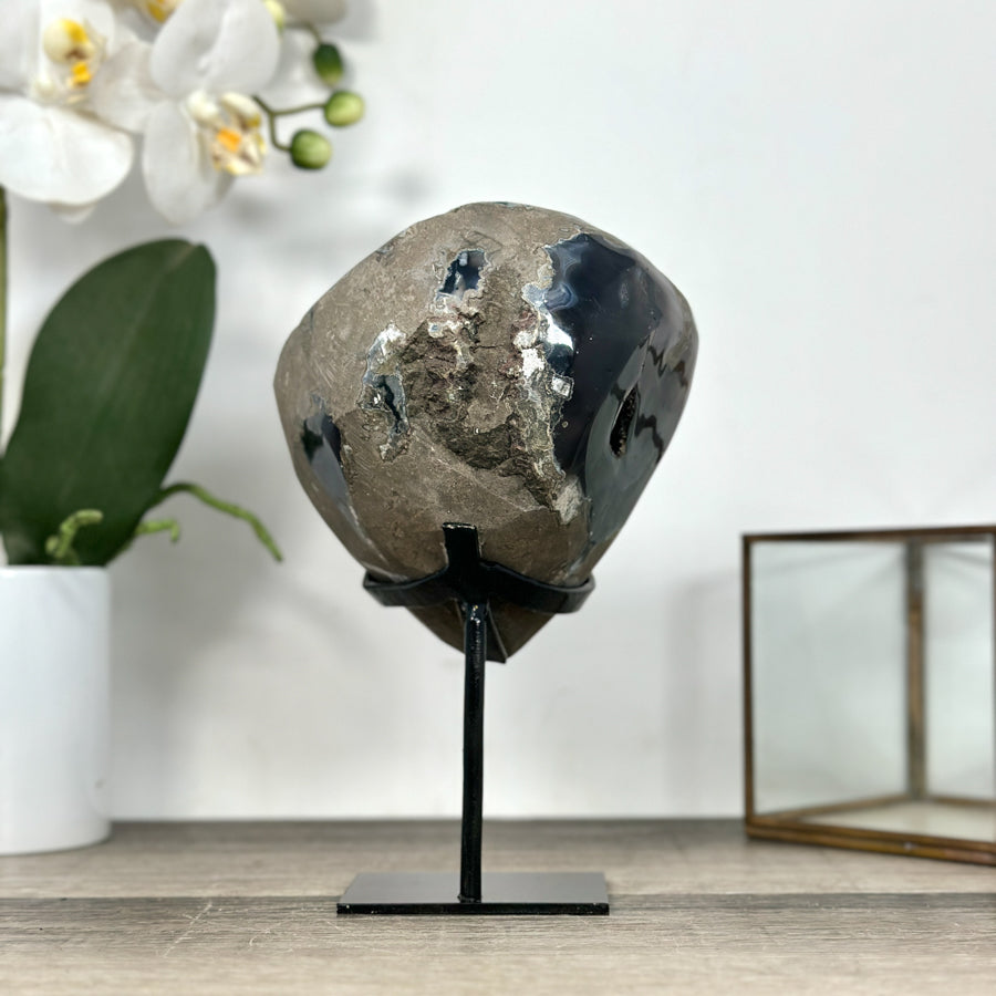 Natural Druzy Quartz Geode in Stand – Unique Black Crystal Display Piece - MWS2897