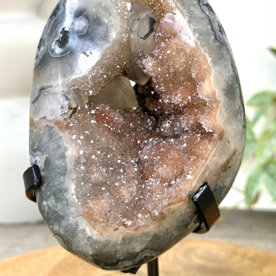 Natural Peach Tone Sugar Quartz Crystal Geode with Calcite Inclusion - MWS3254