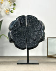 Natural Black Agate Druzy Clover Carving on Metal Stand - MWS2773