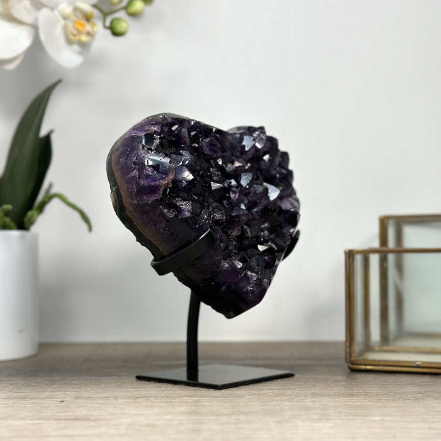 Top Grade Large Amethyst Crystal Heart, Metallic Stand Inluded - HST0282