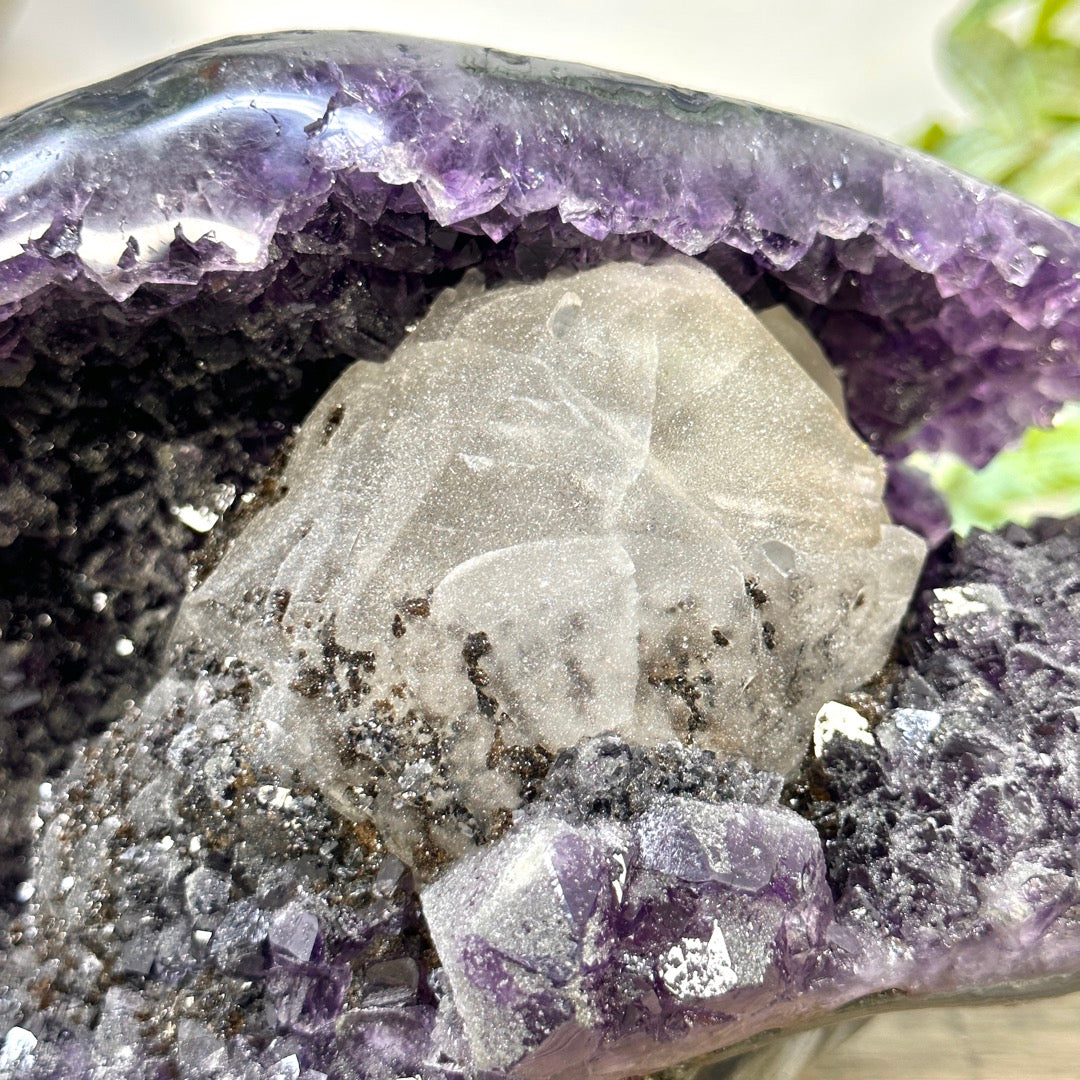 Natural Uruguayan Amethyst Geode with Calcite Formation Covered with Sugar Quartz Crystals - CBP1412