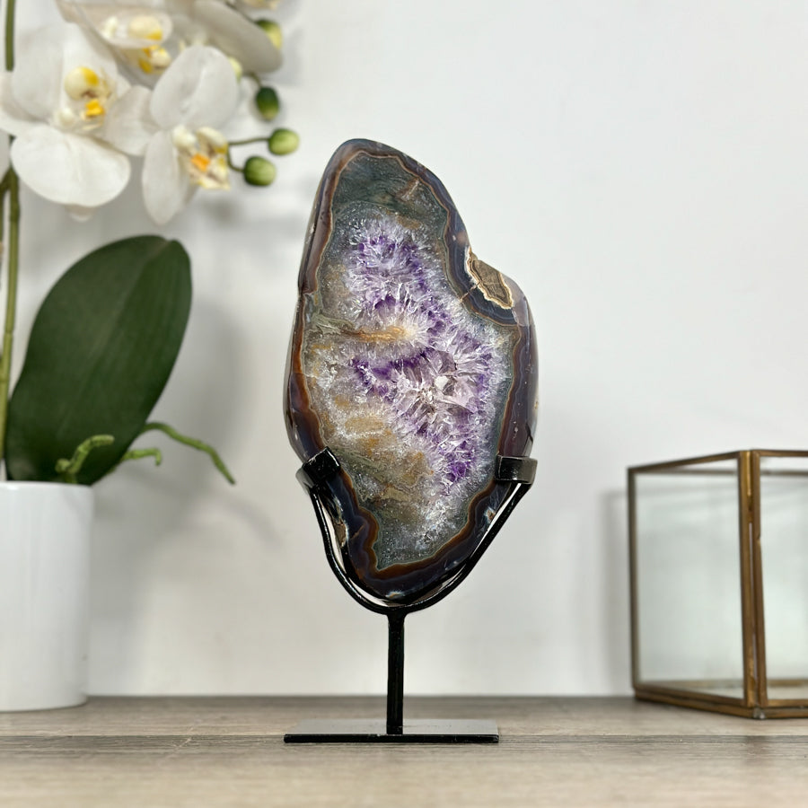 Agate Geode Slice with Purple Quartz Crystals - MWS2906