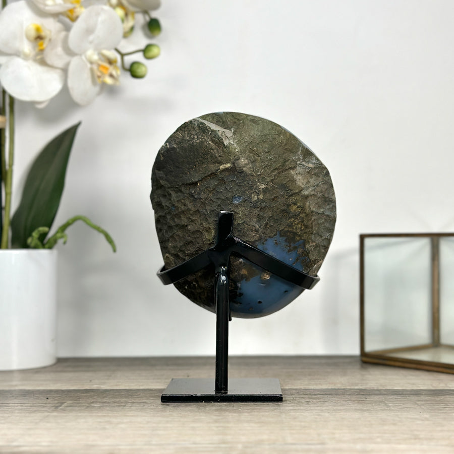 Blue Agate Geode With Crystal Center on Metal Stand - MWS2767