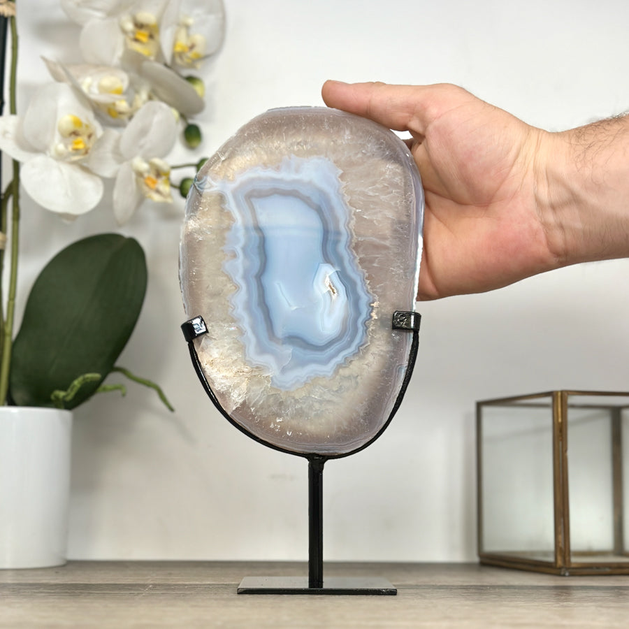 Blue Banded Agate Slice on Stand – Natural Stone Display Statement Piece - MWS2920