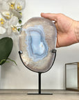 Blue Banded Agate Slice on Stand – Natural Stone Display Statement Piece - MWS2920
