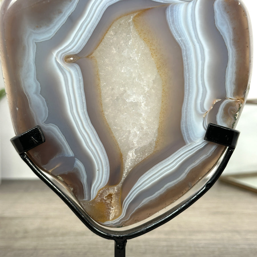 Blue Banded Agate &amp; Quartz Stone Slice on Metal Stand - MWS3012