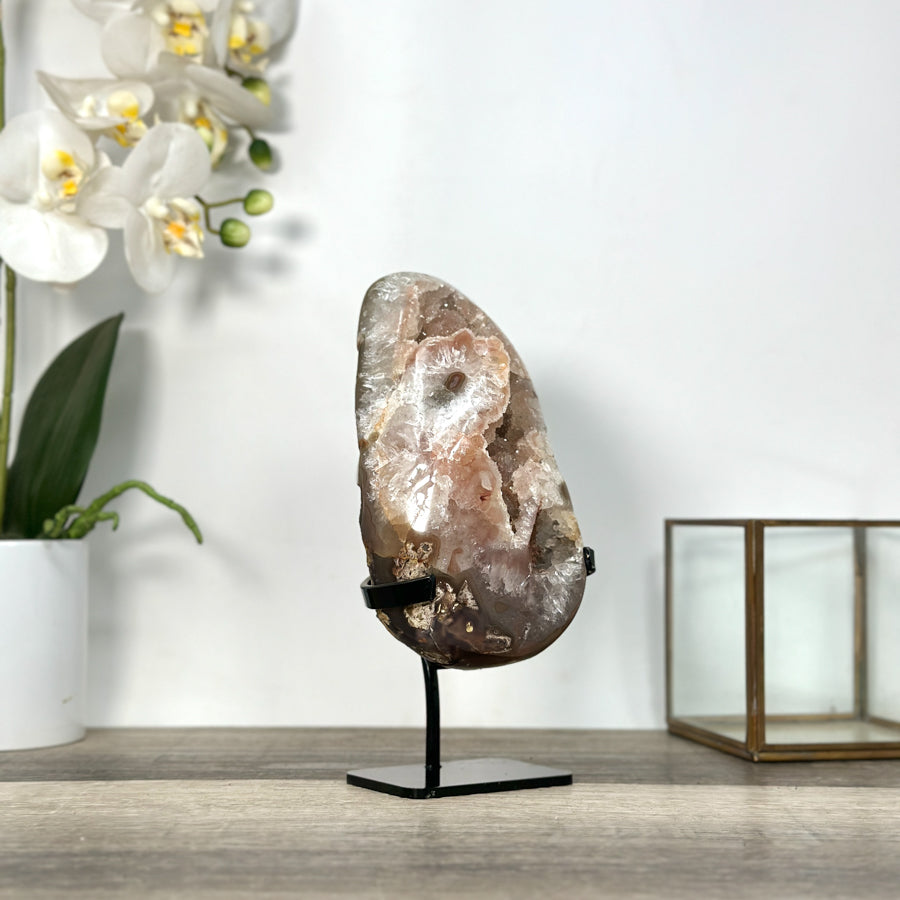 Natural Crystal Peach Tone Sugar Quartz Specimen With Metal Stand - MWS2727