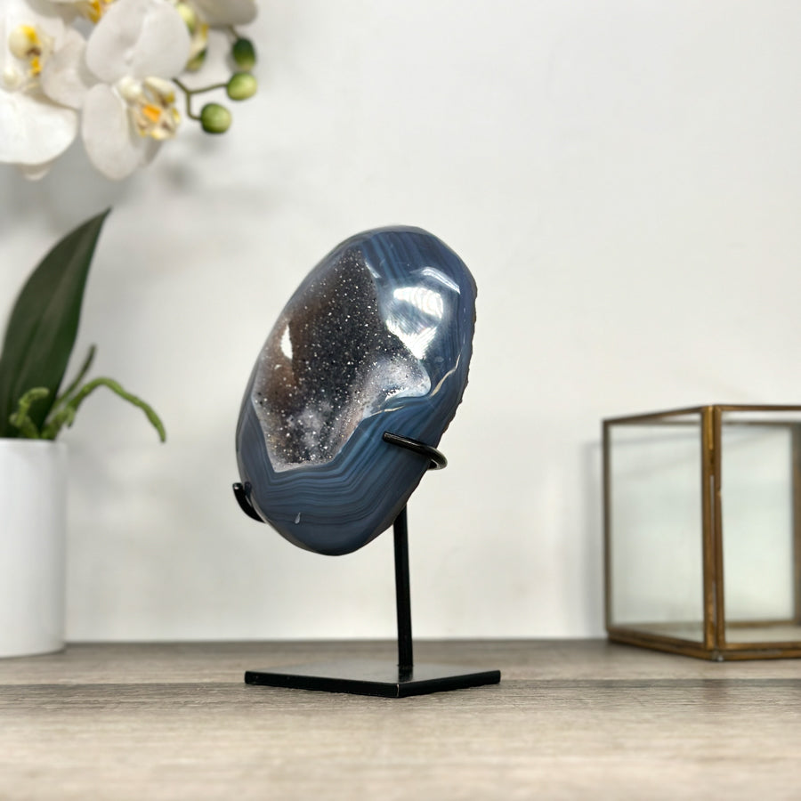 Agate Geode with Druzy Crystals on Stand – Natural Stone Display Piece - MWS2862