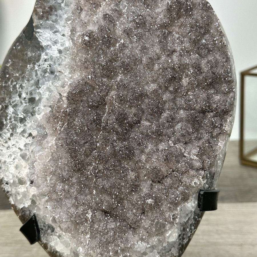 Smoky Sugar Quartz Geode on Metal Stand – Unique Crystal for Office Decor - MWS2740