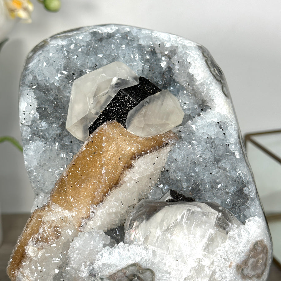 Quartz Crystal with Calite Geode on Stand Mineral Specimen