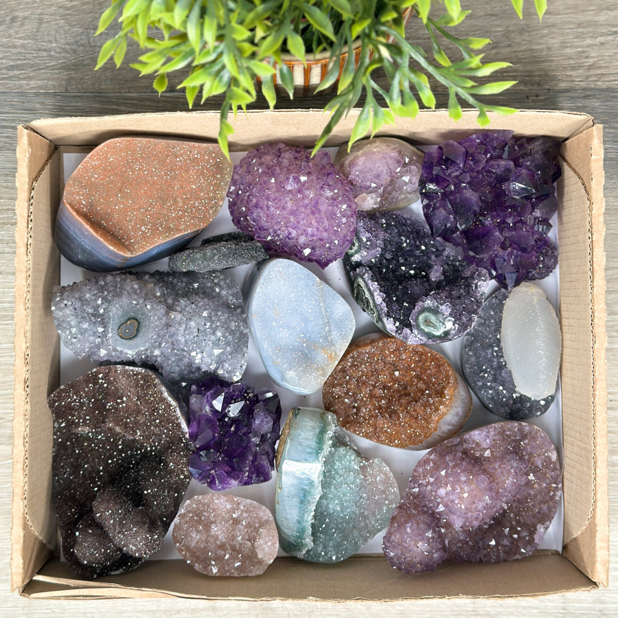Boxed Lot of Hand-Polished Minerals – Natural Crystals for Spiritual and Decorative Use
