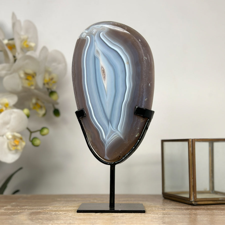 Decorative Blue Agate Slice with Metal Base – Natural Polished Stone from Uruguay - MWS2003