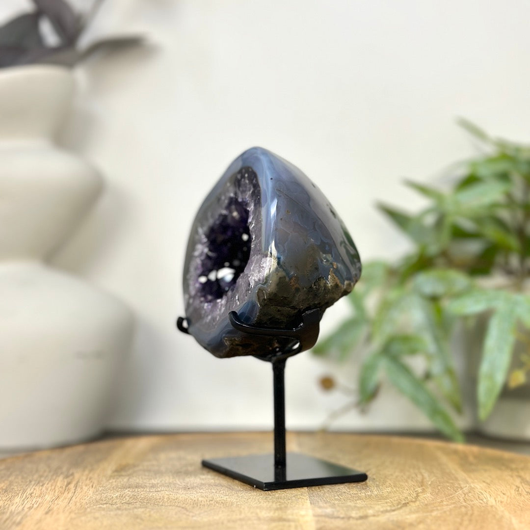 Uruguayan Amethyst Geode with Blue Banded Shell - Stand Included - MWS3260