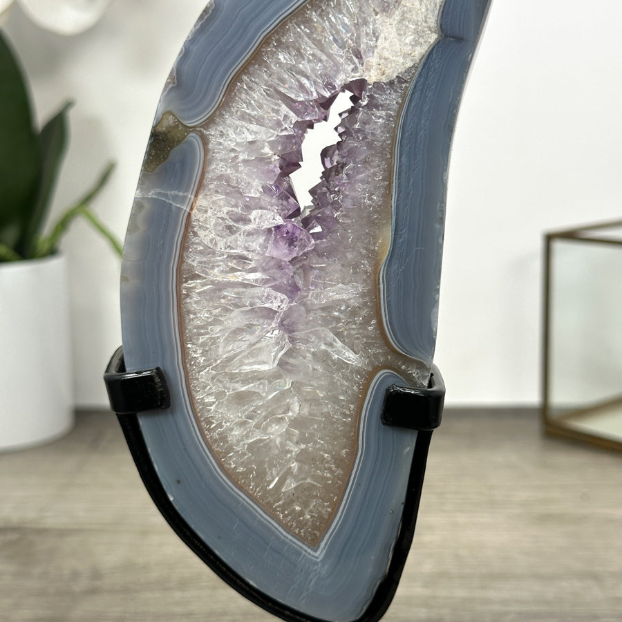 Blue Banded Agate Stone Slice on Metal Stand - MWS3002