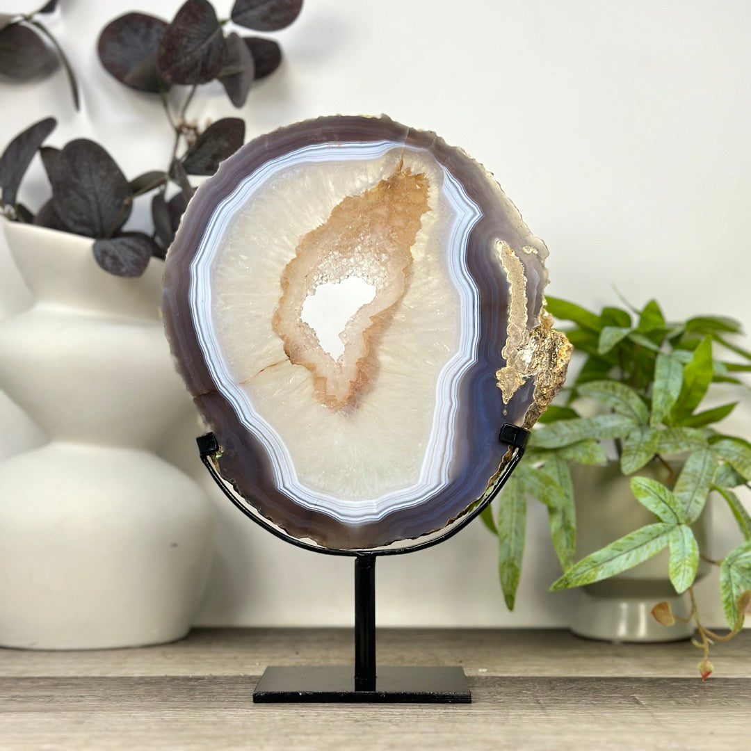 Blue Banded Agate &amp; Quartz Slice Portal on Metal Stand - MWS3290