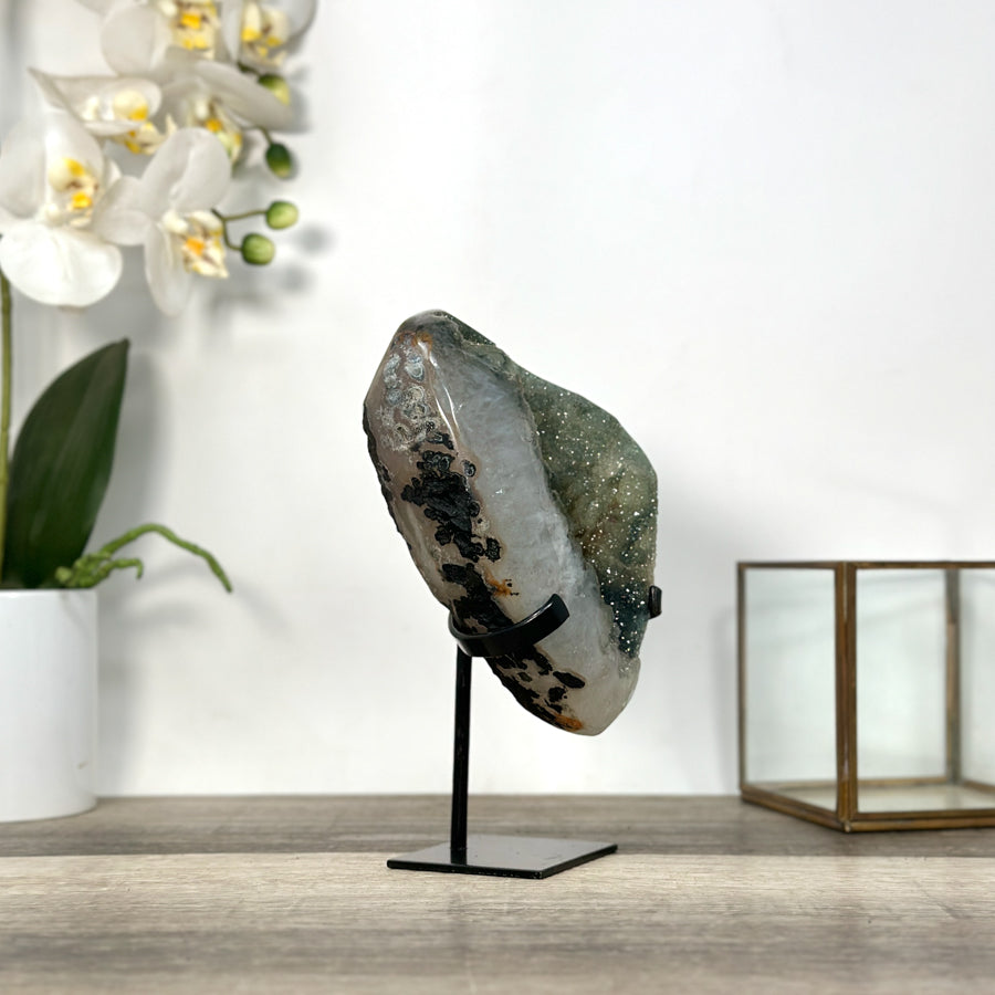 Polished Green Sugar Quartz Specimen on Black Metal Stand - MWS2726