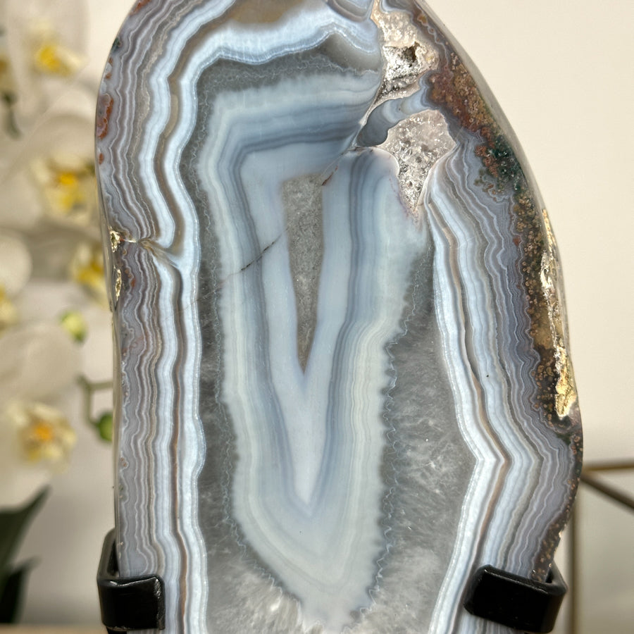 Blue Agate Polished Slice with Metal Stand – Uruguayan Gemstone for Shelf or Altar - MWS2010