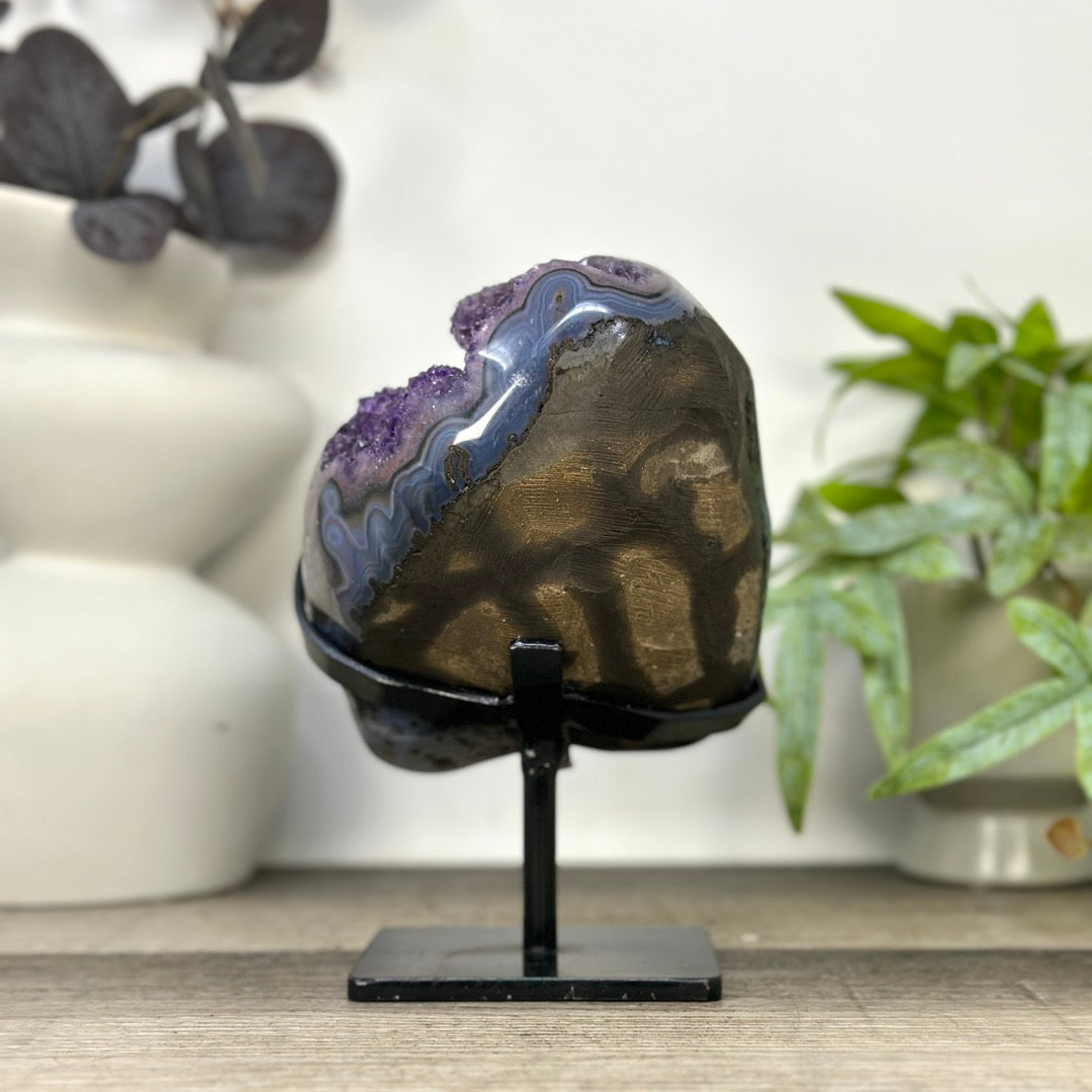 Natural Amethyst &amp; Calcite Formation with Stalactites and Blue Agate Shell - MWS3287