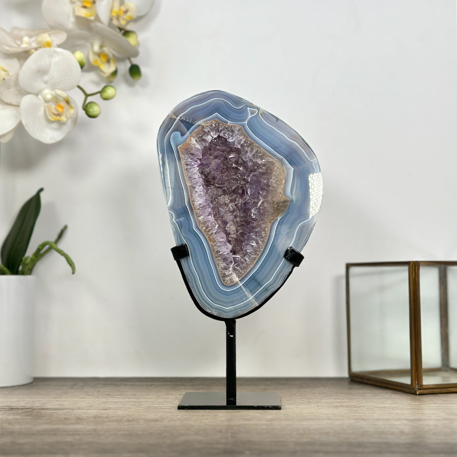 Blue Banded Agate &amp; Amethyst Stone Slice - MWS3015