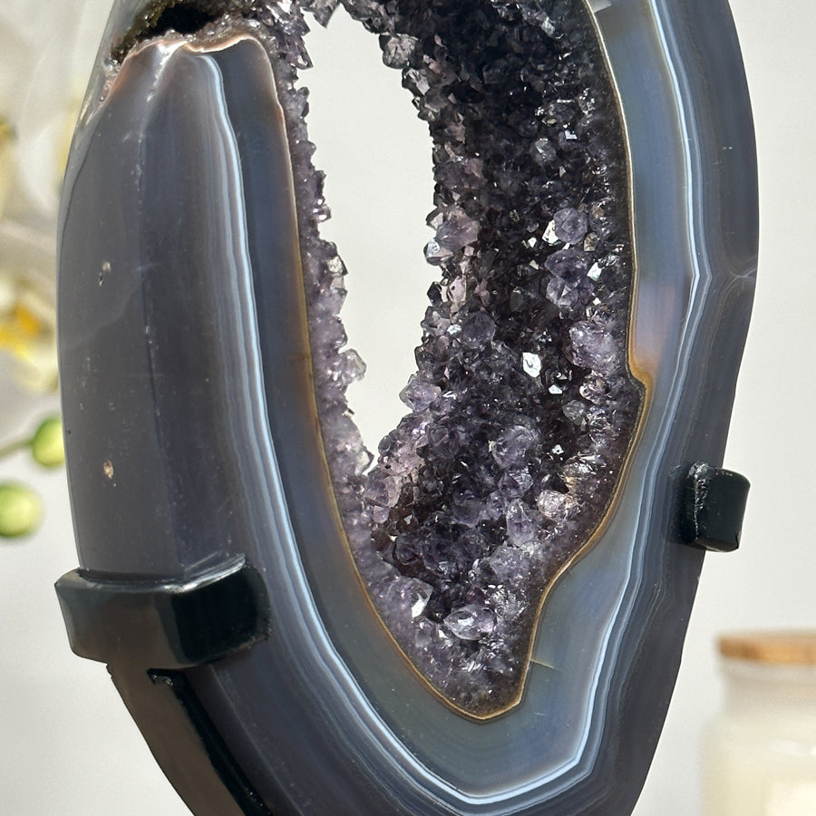 Stunning Blue Banded Agate &amp; Amethyst Polished Geode Slice - MWS1673