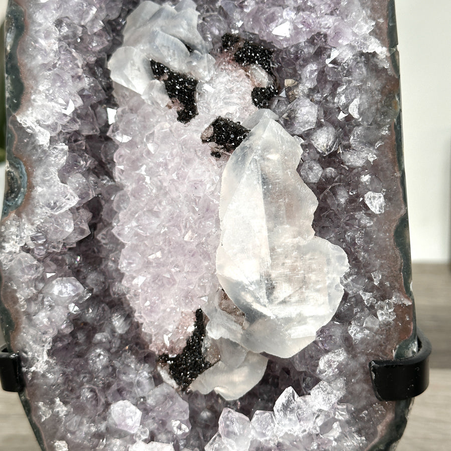 Uruguayan Amethyst Geode with Calcite on Metal Stand – Unique Crystal Display - MWS2705