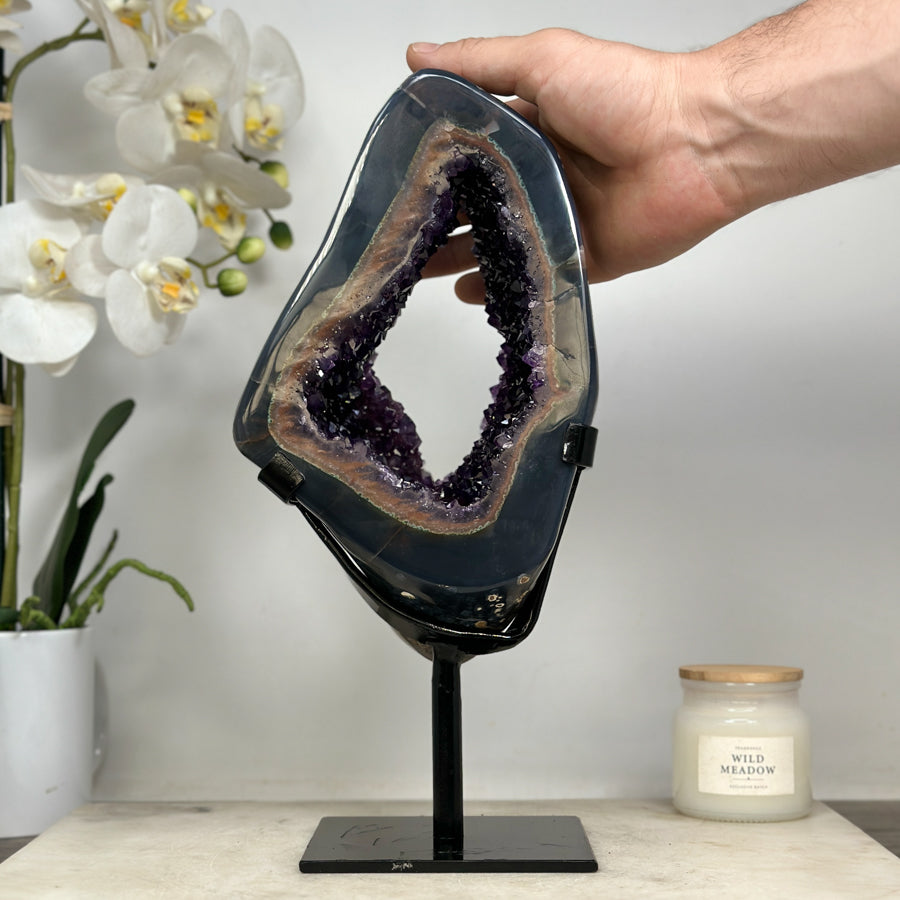 Unique Large Agate &amp; Amethyst Portal Geode, Metal Stand Included - MWS1563