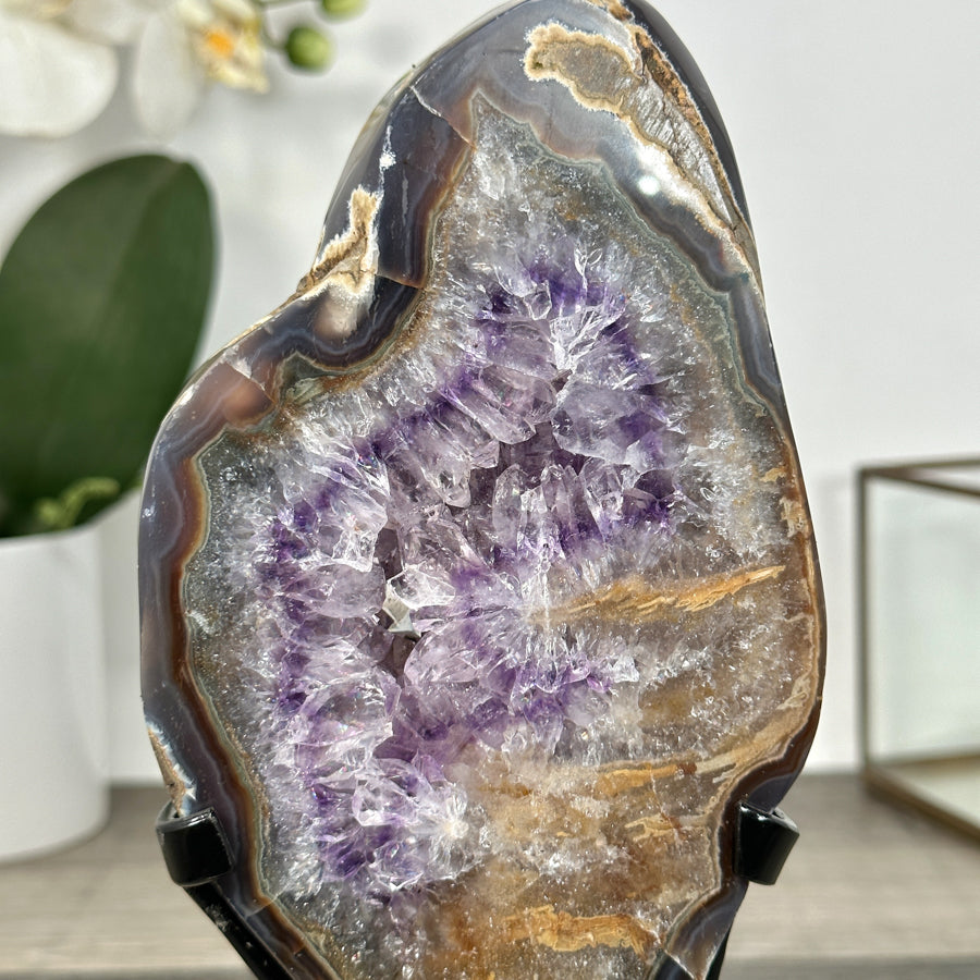Agate Geode Slice with Purple Quartz Crystals - MWS2906