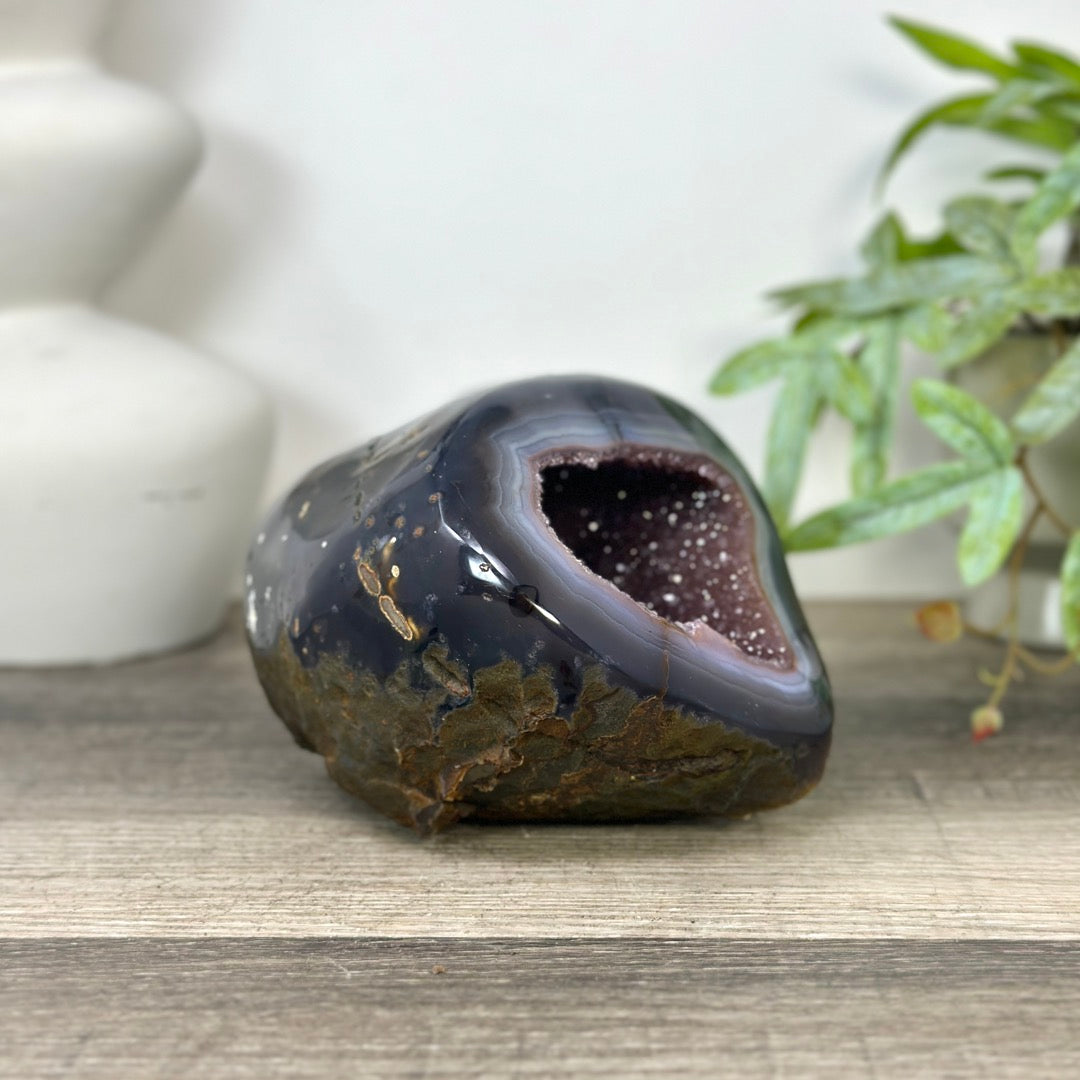 Natural Pink Amethyst Geode with Blue Banded Agate Shell - STGE0040