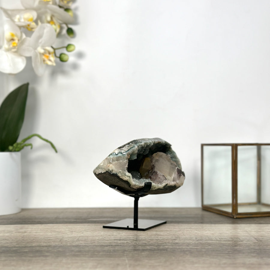Green Quartz Geode with Calcite Crystal on Metal Stand - MWS2722