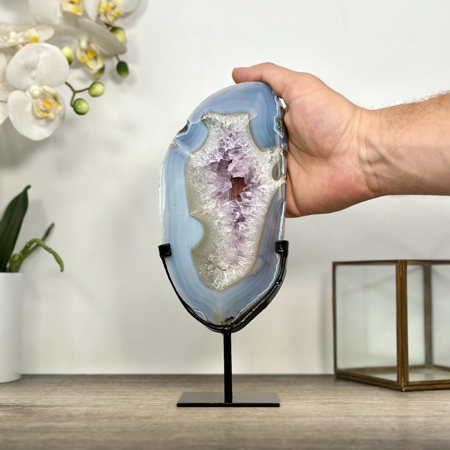Natural Blue Banded Agate &amp; Amethyst Stone Slice on Stand - MWS3016
