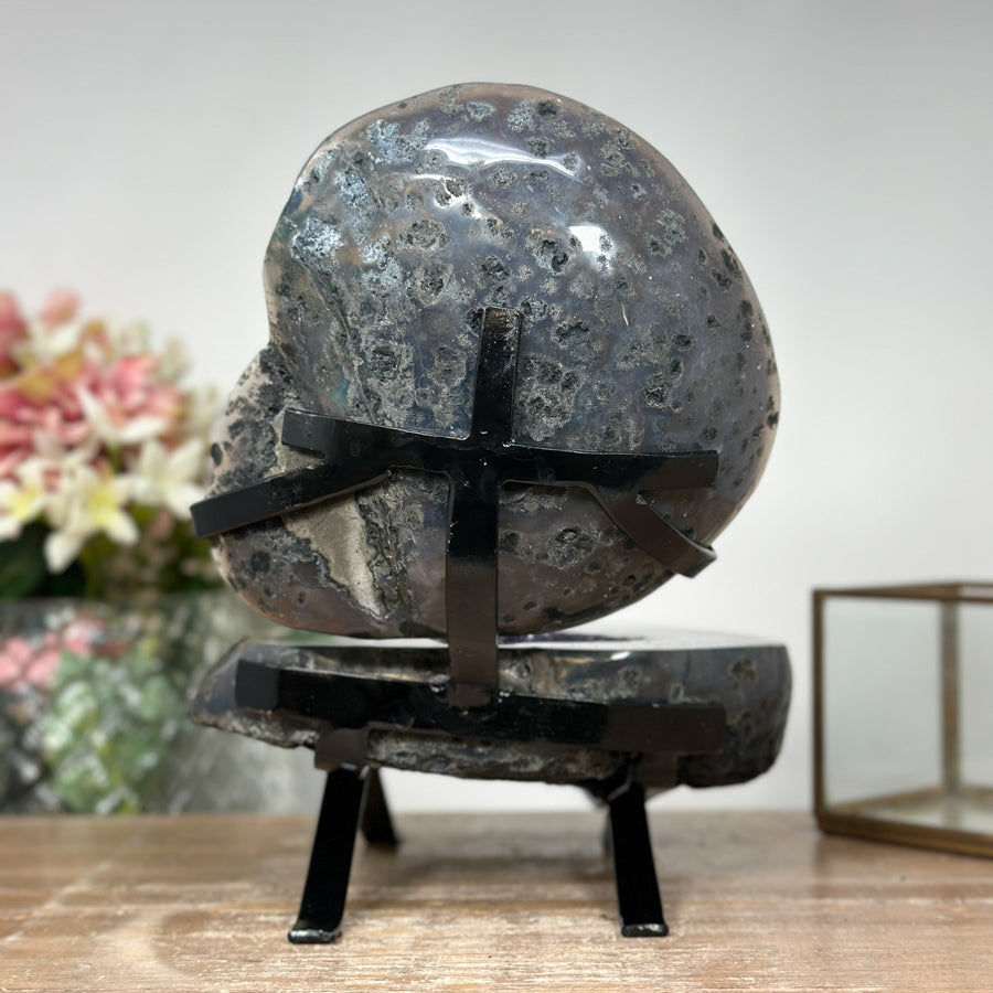 Amazing Natural Agate &amp; Amethyst Geode Cave, Jewelry Box with Metal Stand - MWS1086