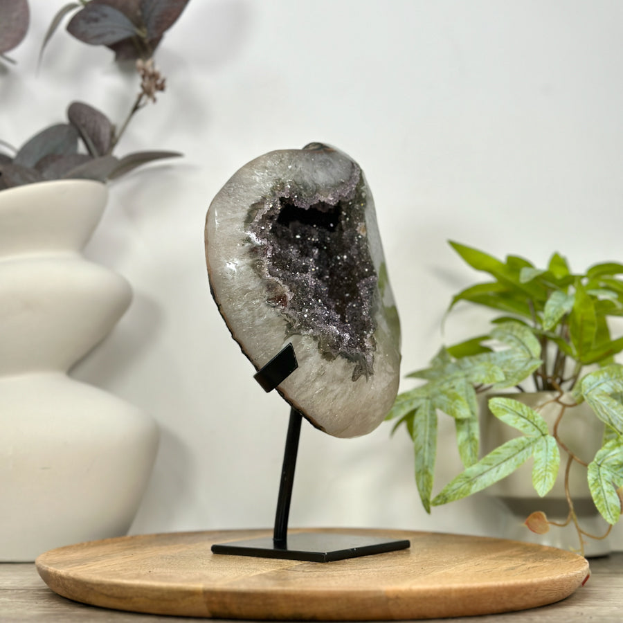 Natural Sugar Quartz Geode Mineral Specimen on Metal Stand - MWS3110