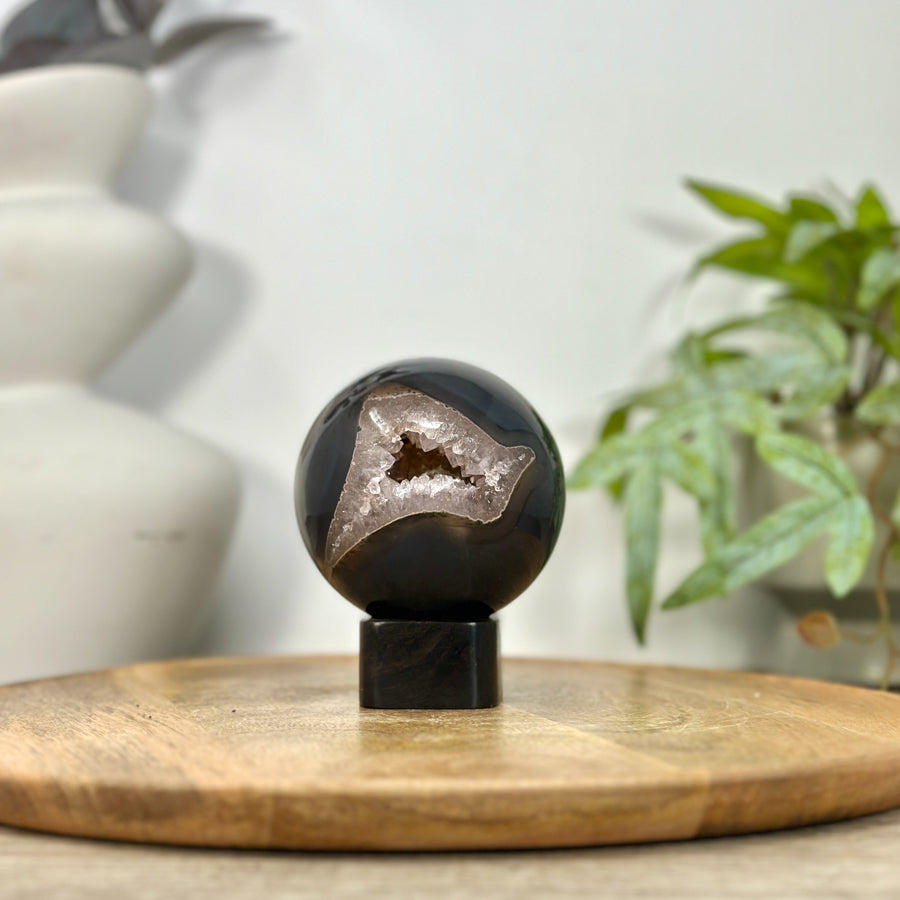 Quartz &amp; Agate Sphere Geode with Crystal Cavity - SPH0216