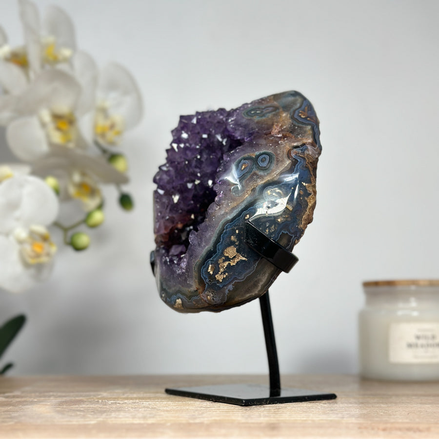 Beautiful Amethyst Crystal Geode wiith Metallic Stand - MWS1604