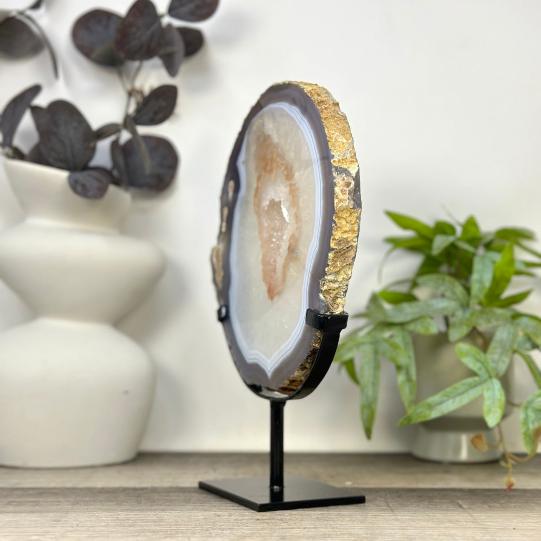 Blue Banded Agate &amp; Quartz Slice Portal on Metal Stand - MWS3290