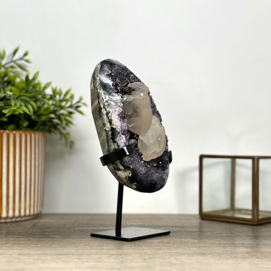 Amethyst with Calcite Inclusion on Metal Stand – Natural Display Piece - MWS2404
