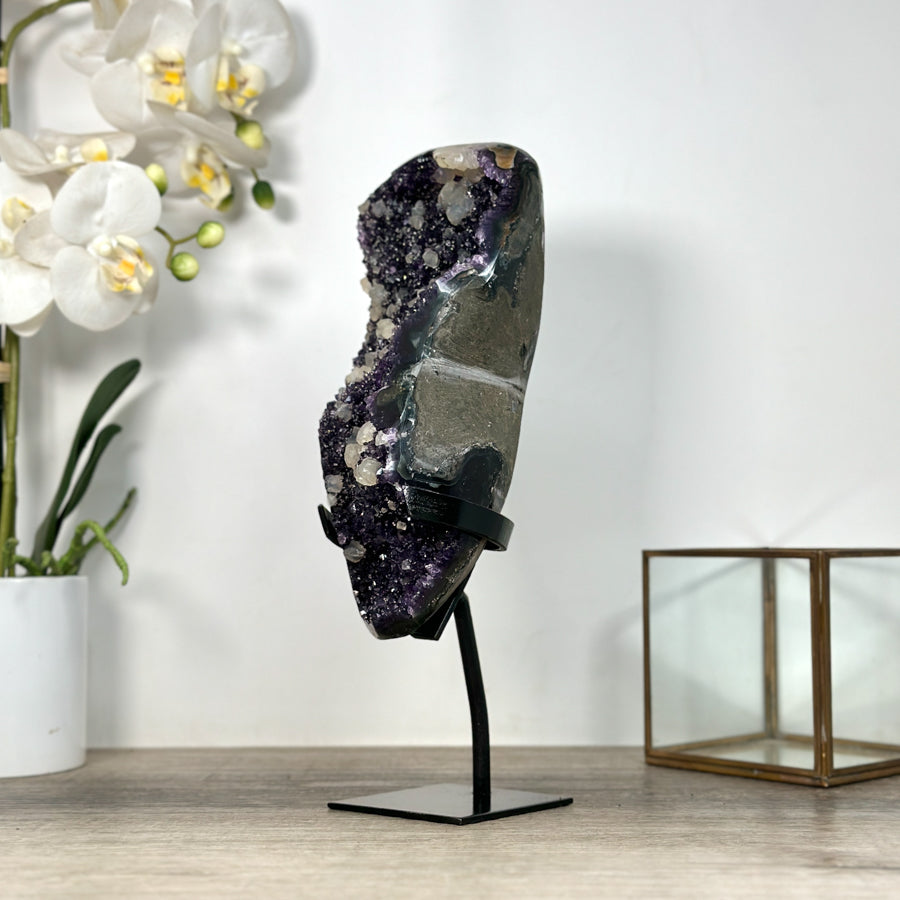 Natural Amethyst with Calcite Inclusions on Metal Stand - MWS2489