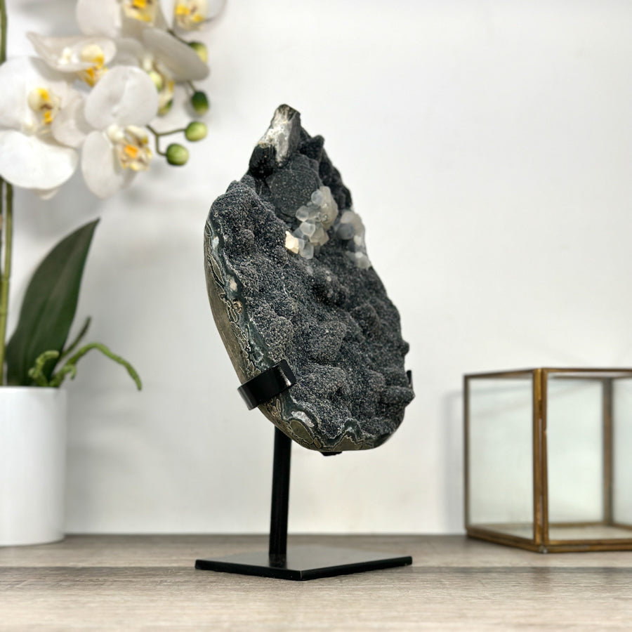 Black Amethyst Crystal Specimen with Calcite Formations on Metal Stand - MWS2871