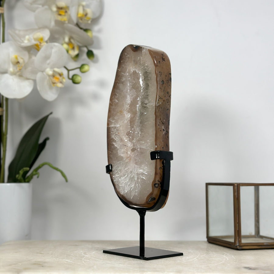 Beautiful Natural Quartz Geode Slice, Crystal Portal with Metallic Stand - MWS1953