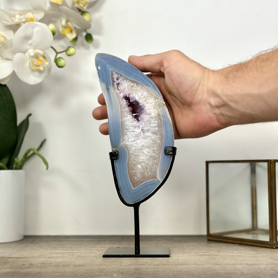 Blue Banded Agate Stone Slice on Metal Stand - MWS3002
