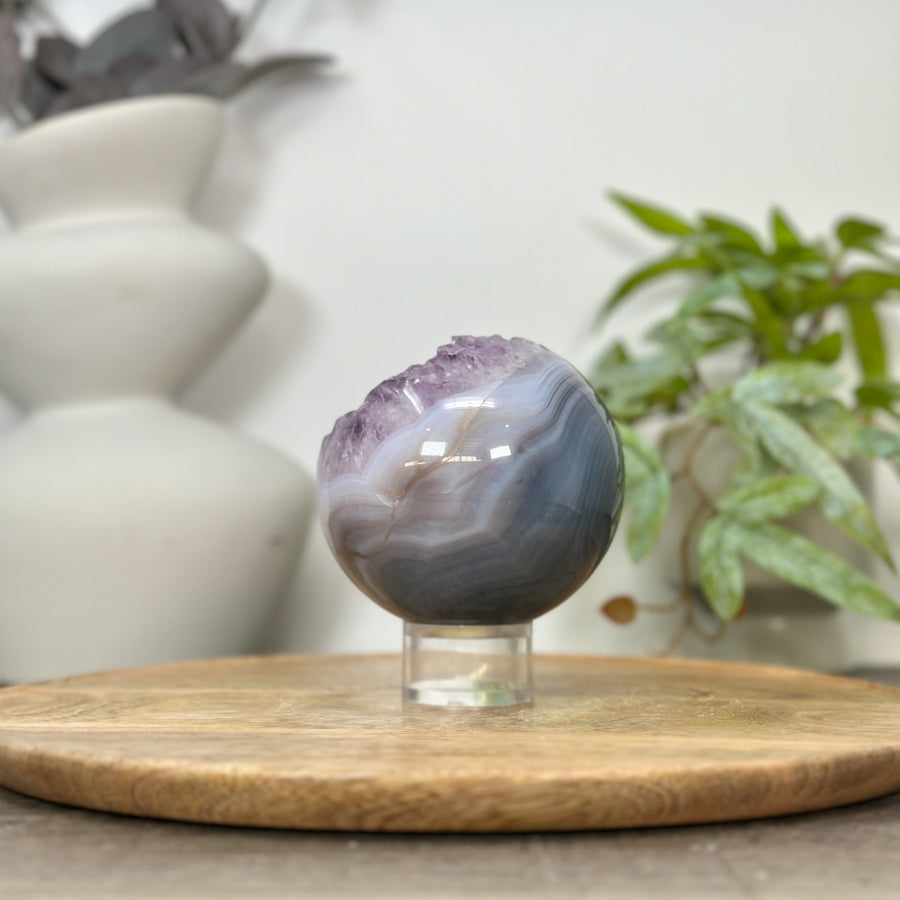 Amethyst &amp; Blue Banded Agate Sphere Geode with Crystal Cavity - SPH0177