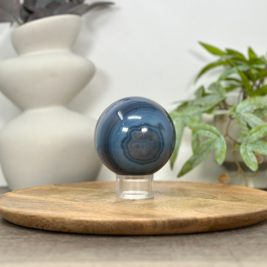 Blue Banded Agate Sphere Geode with Quartz Druzy Interior - SPH0147