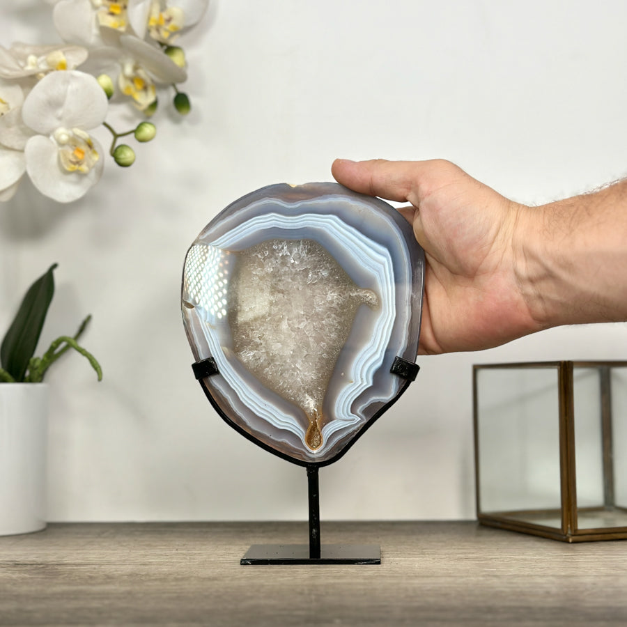 Blue Banded Agate &amp; Quartz Stone Slice on Metal Stand - MWS3012