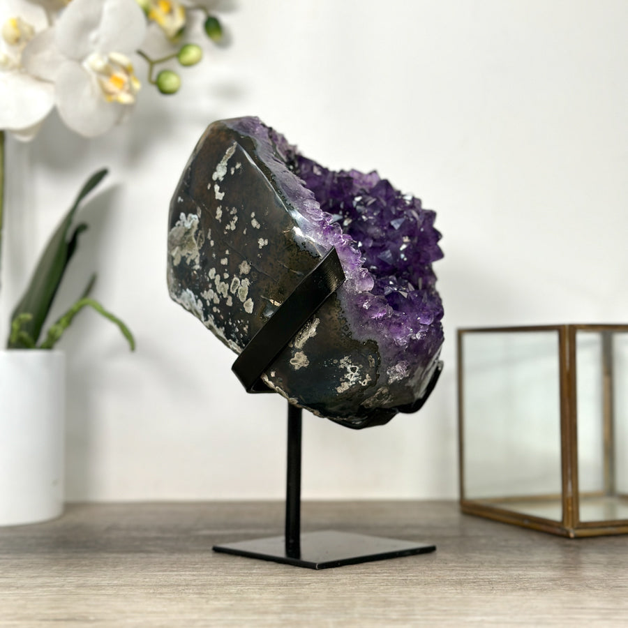 Uruguayan Amethyst Geode With Large Crystals &amp; Black Hematite – Deep Purple Premium Display Piece for Elegant Home Decor - MWS2524