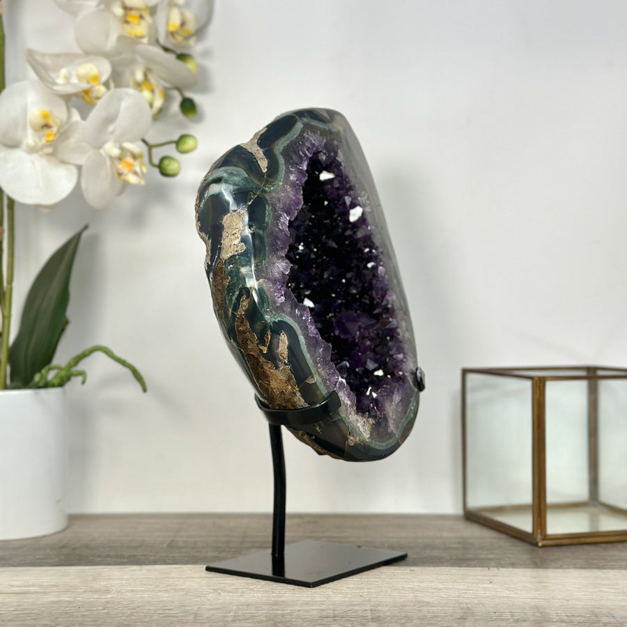 Deep Purple Amethyst Geode With Metal Stand – Elegant Crystal Display - MWS2700