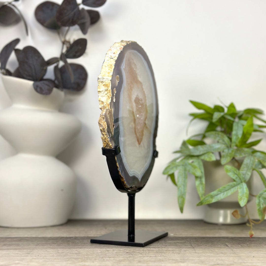Blue Banded Agate &amp; Quartz Slice Portal on Metal Stand - MWS3290