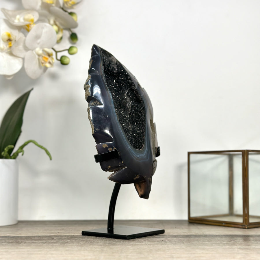 Blue Banded Geode Stone Leaf Carving with Green Quartz Interior - MWS2811