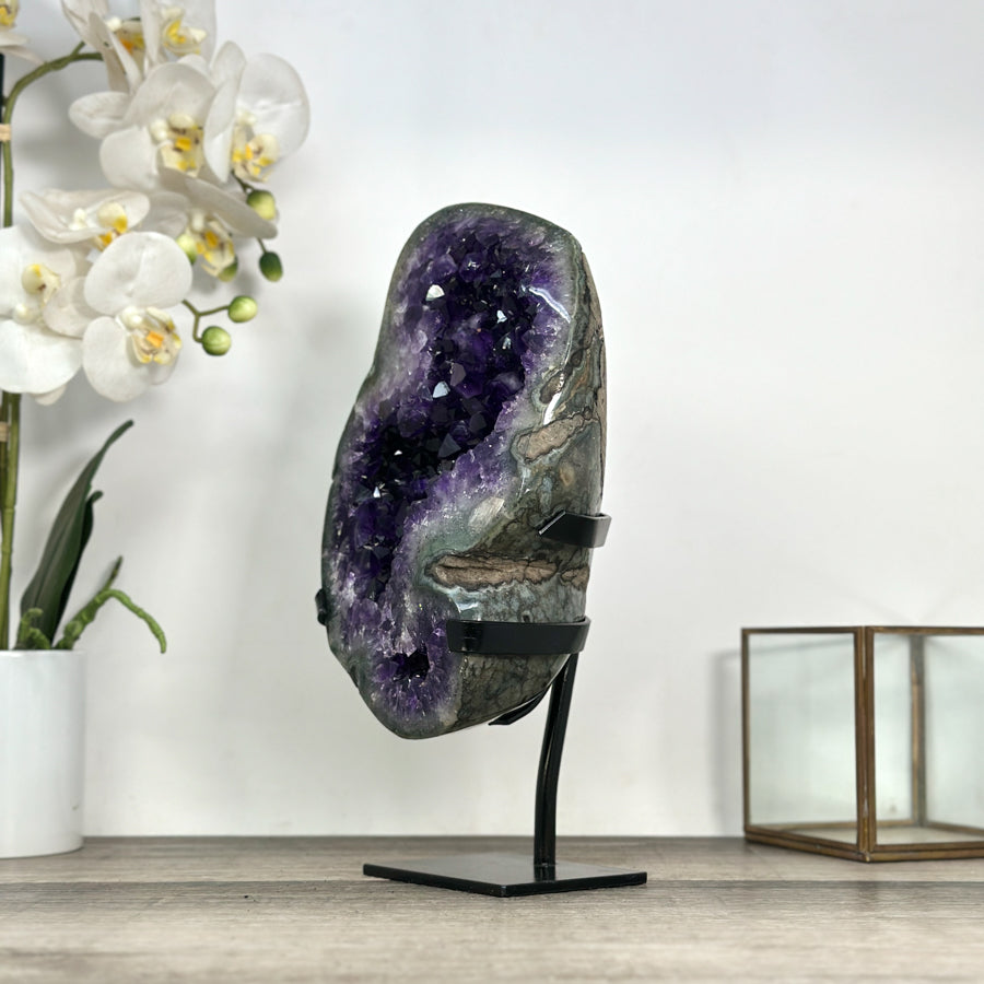 Large Natural Amethyst Stone with Green Jasper Shell on Metal Stand - MWS2820